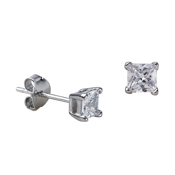 Sterling Silver 925 4mm 4 Claw Square CZ Studs (April Birthstone) Earrings
