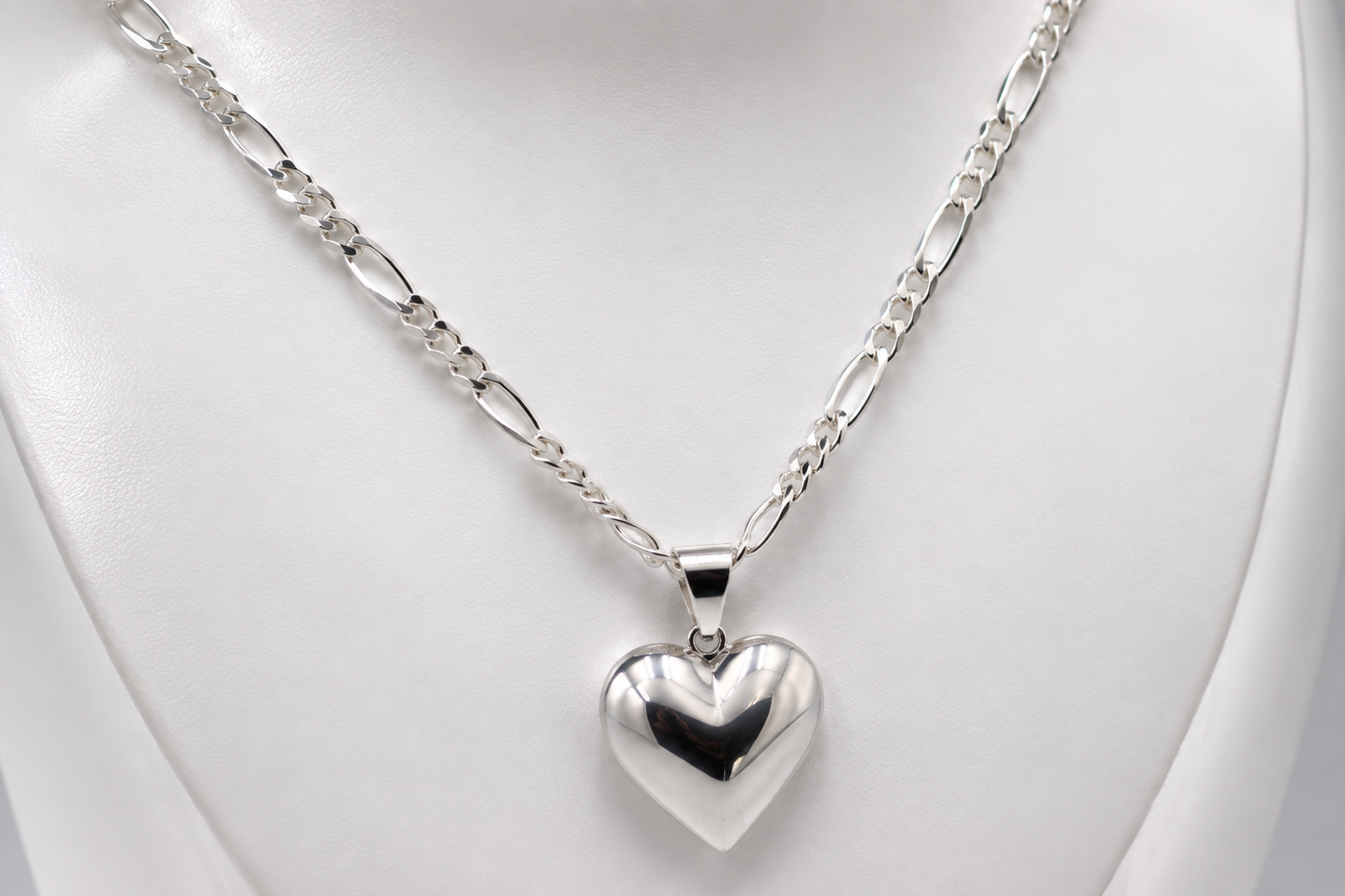 Sterling Silver 925 60cm Figaro Link Chain Necklace + 18mm Bubble Heart Pendant