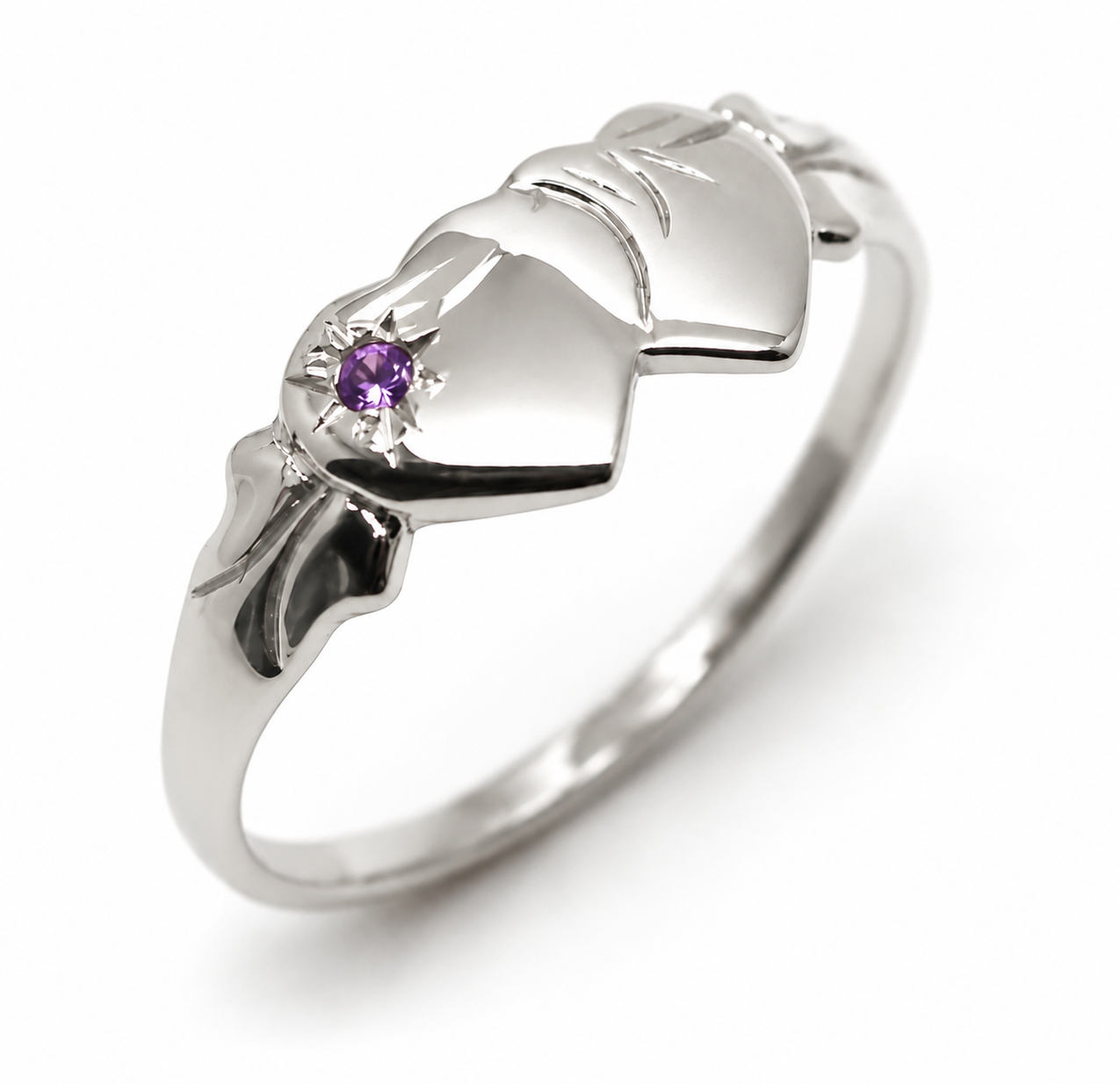 Genuine 9ct 9k 375 White Gold 375 Amethyst (Birthstone Of February) Double Heart Signet Ring Sizes P, Q, R, S, T