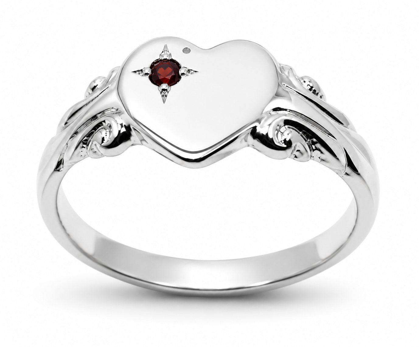 Genuine 9ct 9k 375 Yellow, Rose or White Gold Heart Garnet Signet Ring - January Birthstone