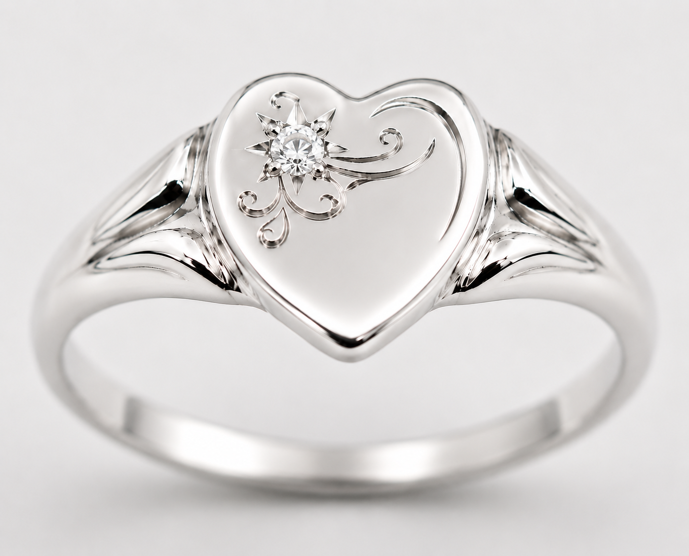 Genuine Large Sterling Silver 925 Heart Set with Lab Grown Diamond Signet Ring - Choose your size