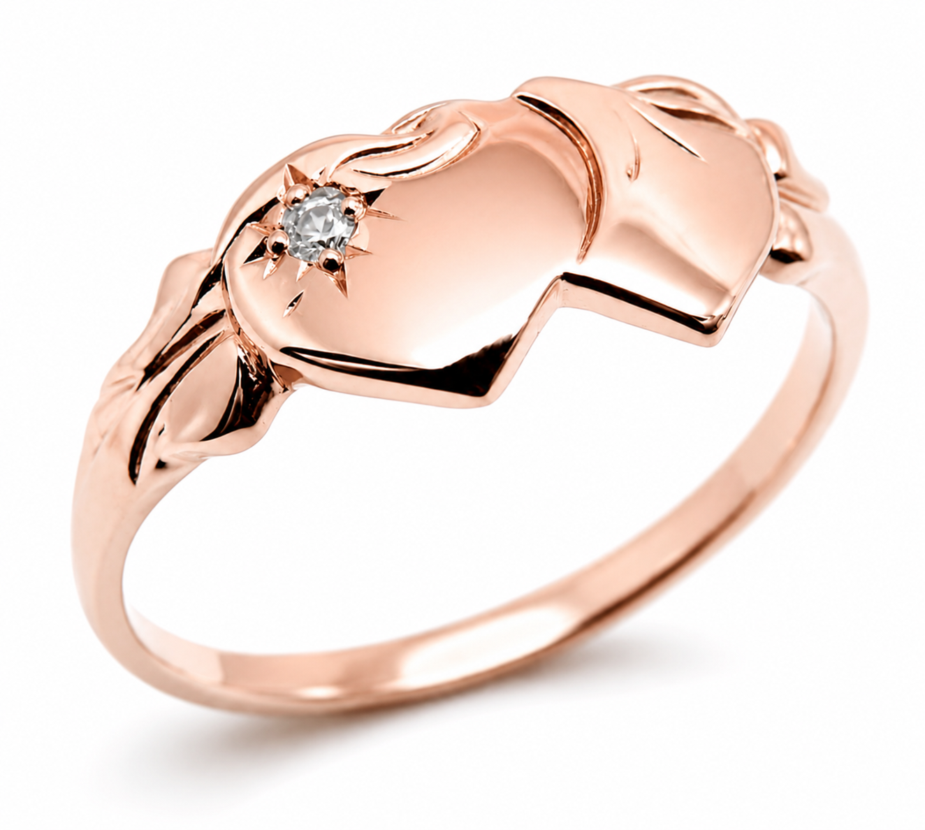 Genuine Solid 9ct 9kt 375 Yellow, Rose or White Gold Diamond Double Heart Signet Ring- Choose your size H to O