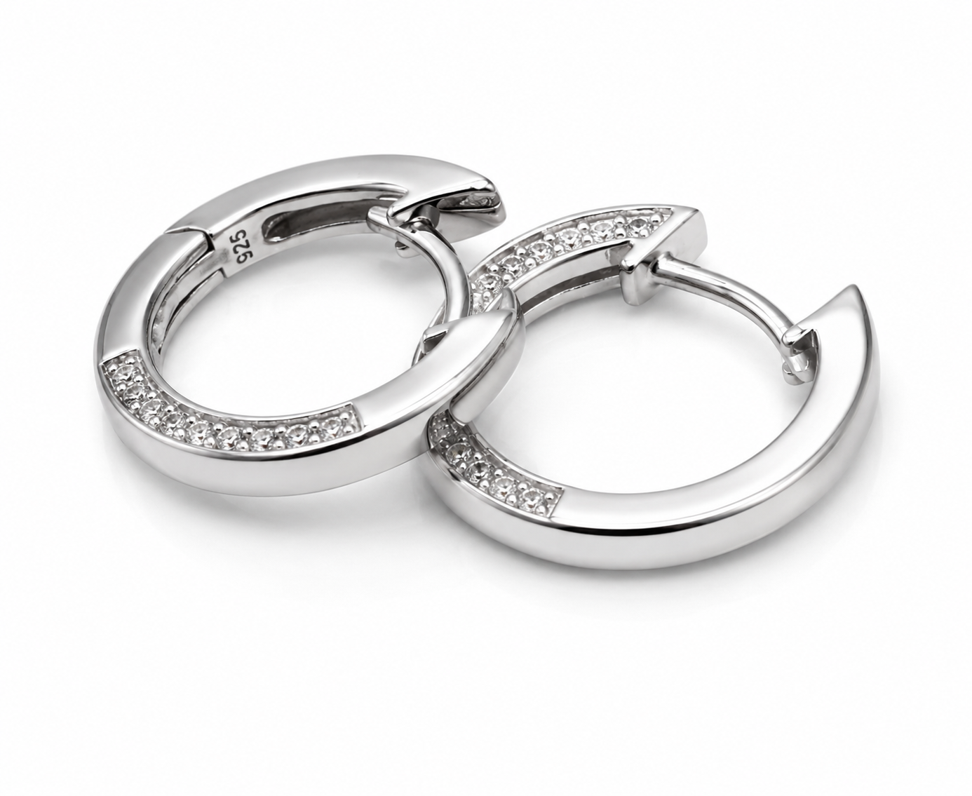 Sterling Silver Huggies White CZ on Outside Opposing Edge Earrings