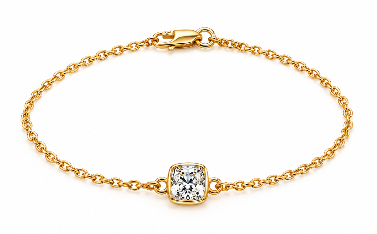 Genuine 9ct 9k 375 Yellow, Rose or White Gold Lab Grown 1.2ct Diamond Cushion Cut Belcher 20cm Bracelet