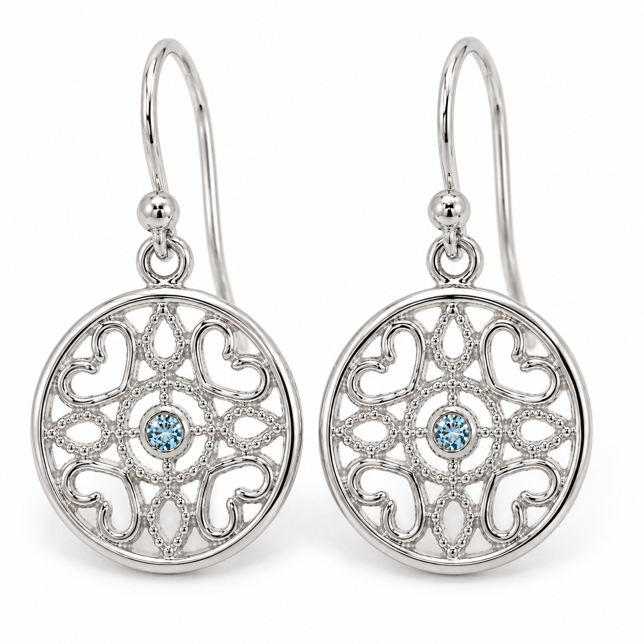 Genuine 9ct 9k 375 Yellow, Rose or White Gold Topaz Disc Heart Filigree Hook Earrings