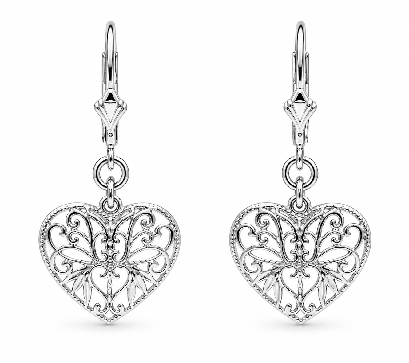 Genuine 9ct Yellow, Rose or White Gold Filigree Heart Drop Filigree Continental Hook Earrings