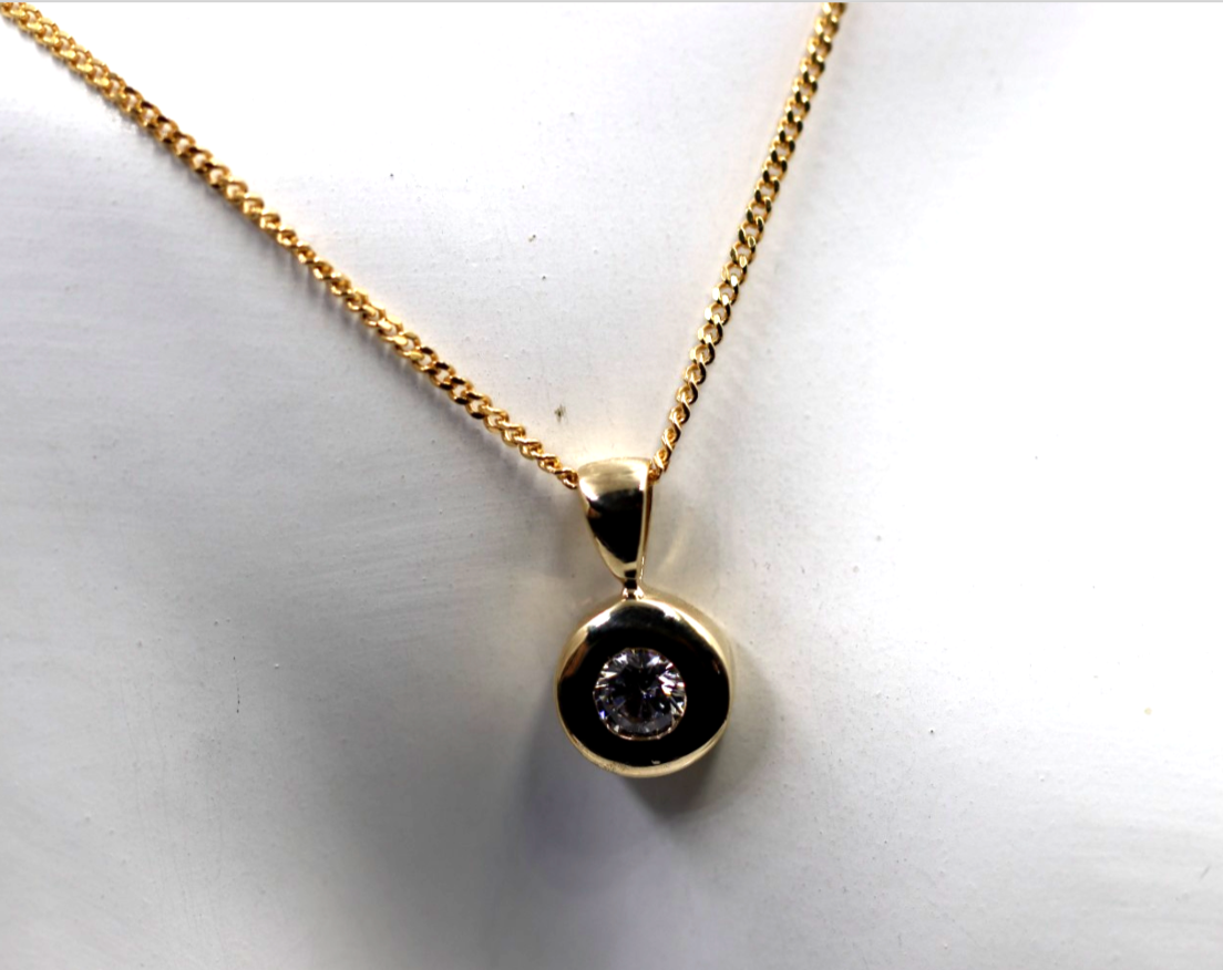Genuine 9k 9ct Yellow Gold Bezel Set Pendant + 50cm 9ct Chain Necklace
