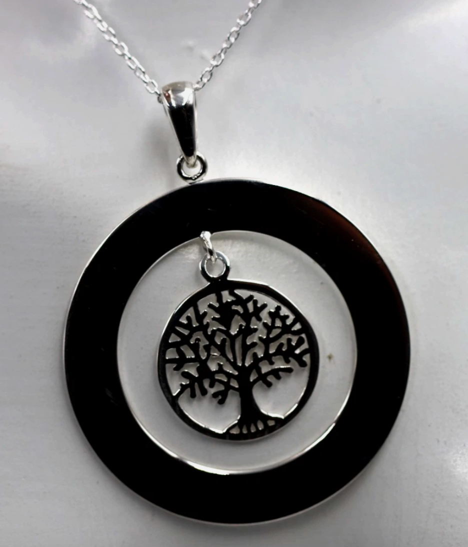 Sterling Silver Open Circle Engraving Disc Pendant + ‘Tree of Life’ + 40cm Chain