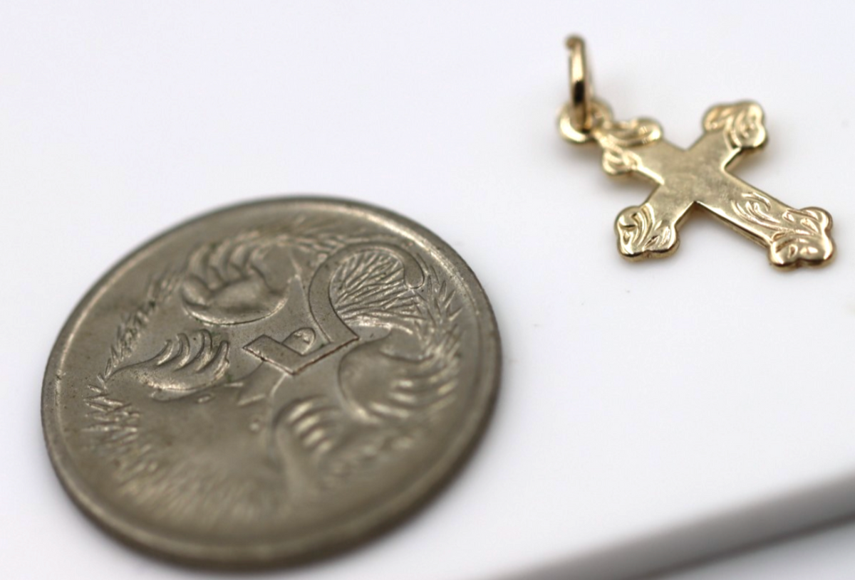 Genuine 9ct 9k 375 Yellow Gold Small Ornate Floral Cross Pendant Charm