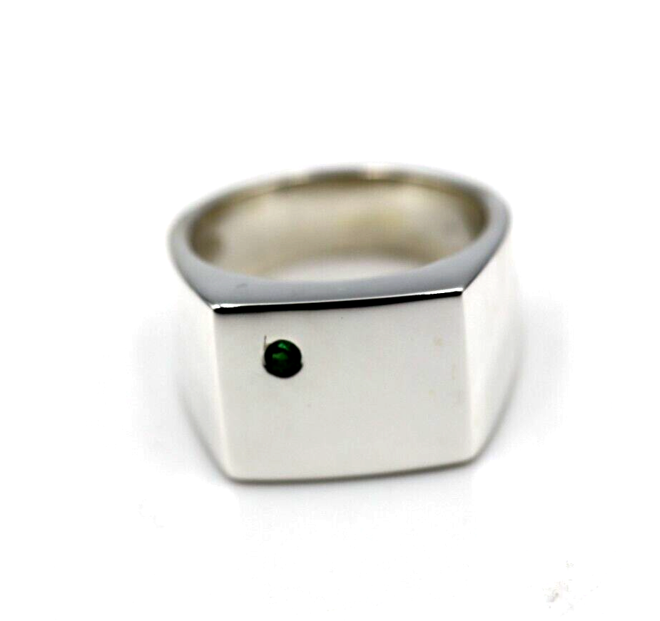 Size P 1/2 Mens Genuine Emerald Set Sterling Silver Rectangle Signet Ring