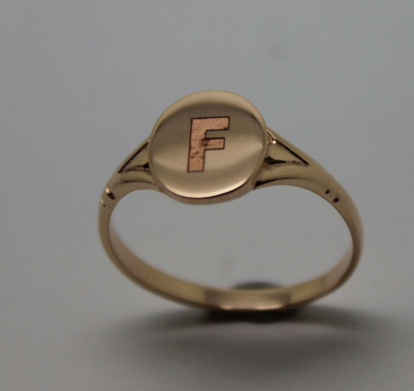 Size K Kaedesigns Genuine 9ct Yellow, Rose or white Gold Oval Signet Ring Engraved "Letter F"