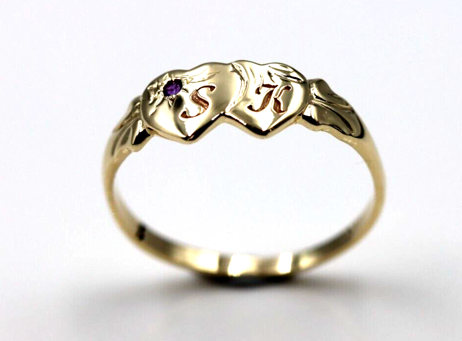 Genuine 9ct 9k 375 Yellow Gold Double Heart Yellow Purple Amethyst February Birthstone Signet Ring In your size + Engraving