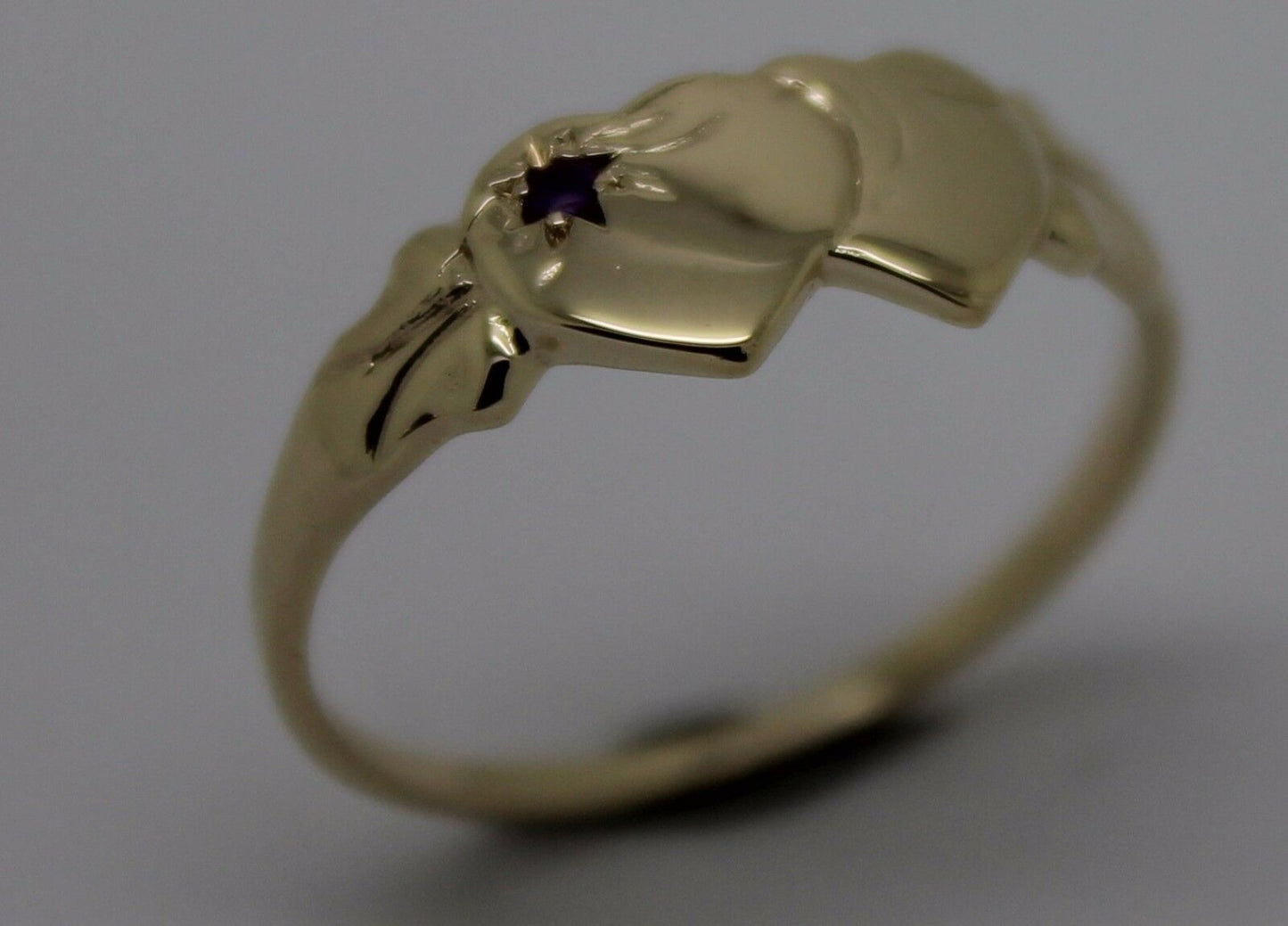 Genuine 9ct 9k 375 Yellow Gold 375 Amethyst (Birthstone Of February) Double Heart Signet Ring Sizes P, Q, R, S, T