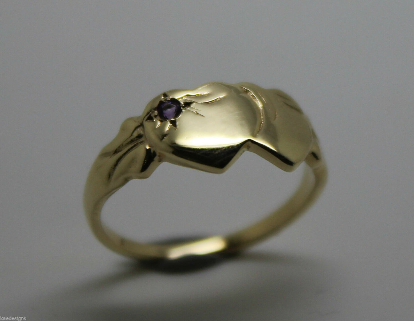 Genuine 9ct 9k 375 Yellow Gold 375 Amethyst (Birthstone Of February) Double Heart Signet Ring Sizes P, Q, R, S, T