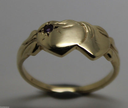 Genuine 9ct 9k 375 Yellow Gold 375 Amethyst (Birthstone Of February) Double Heart Signet Ring Sizes P, Q, R, S, T