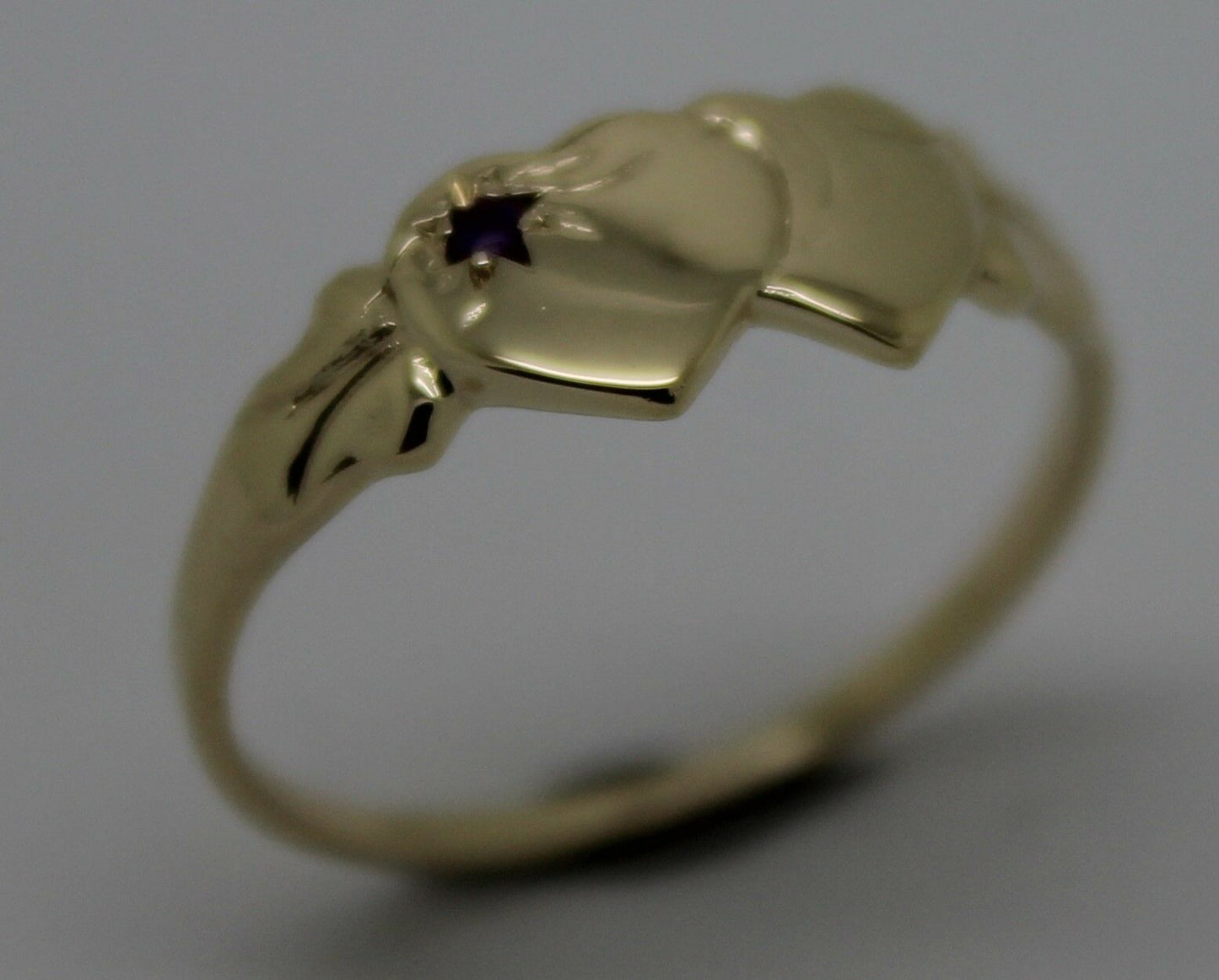 Genuine 9ct 9k 375 Yellow Gold 375 Amethyst (Birthstone Of February) Double Heart Signet Ring Sizes P, Q, R, S, T