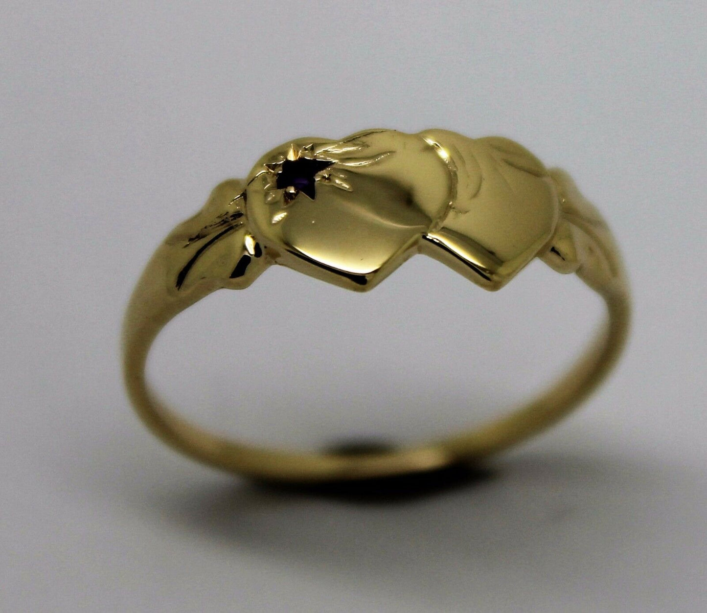 Genuine 9ct 9k 375 Yellow Gold 375 Amethyst (Birthstone Of February) Double Heart Signet Ring Sizes P, Q, R, S, T