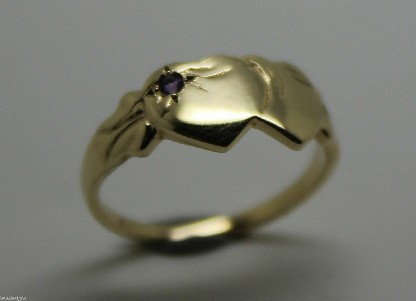 Genuine 9ct 9k 375 Yellow Gold 375 Amethyst (Birthstone Of February) Double Heart Signet Ring Sizes P, Q, R, S, T