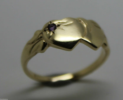 Genuine 9ct 9k 375 Yellow Gold 375 Amethyst (Birthstone Of February) Double Heart Signet Ring Sizes P, Q, R, S, T