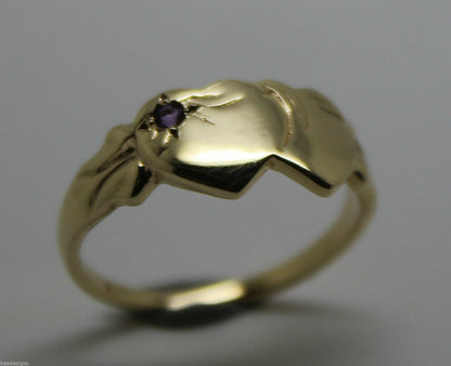 Genuine 9ct 9k 375 Yellow Gold 375 Amethyst (Birthstone Of February) Double Heart Signet Ring Sizes P, Q, R, S, T