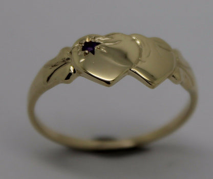 Genuine 9ct 9k 375 Yellow Gold 375 Amethyst (Birthstone Of February) Double Heart Signet Ring Sizes P, Q, R, S, T