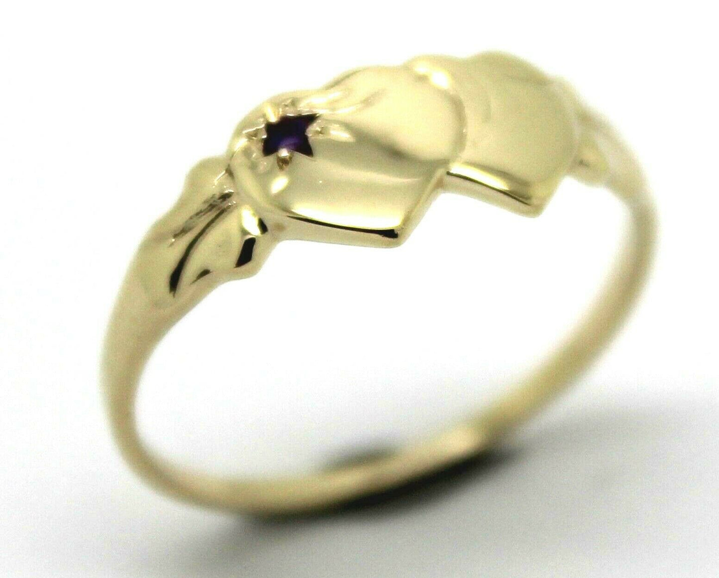 Genuine 9ct 9k 375 Yellow Gold 375 Amethyst (Birthstone Of February) Double Heart Signet Ring Sizes P, Q, R, S, T