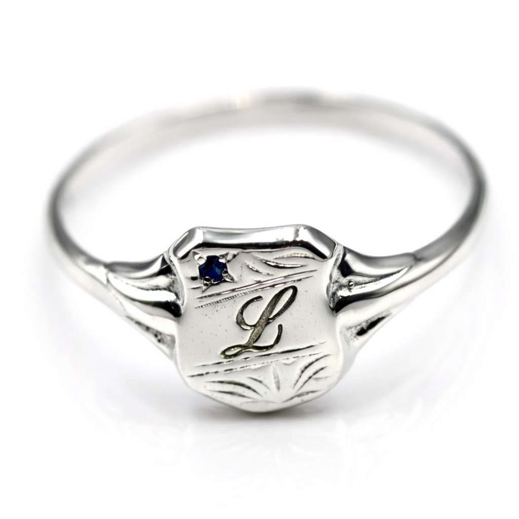 Genuine Small Sterling Silver 925 Shield Signet Ring + Blue Sapphire Engraving