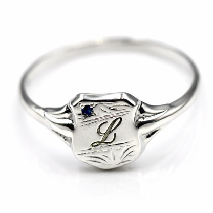 Genuine Small Sterling Silver 925 Shield Signet Ring + Blue Sapphire Engraving