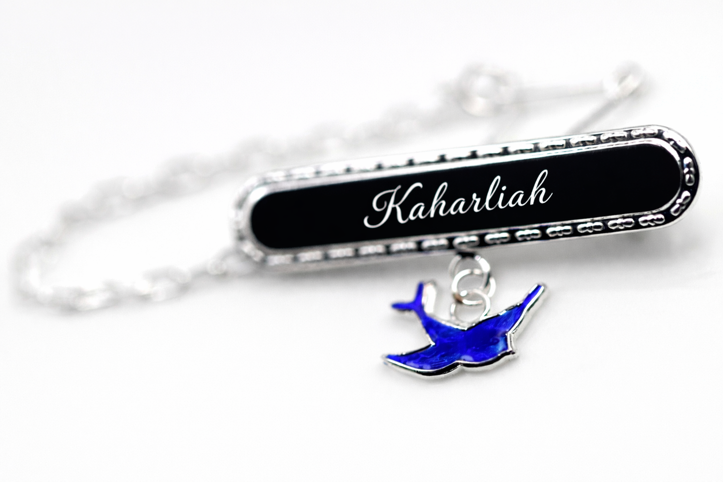 Sterling Silver 925 Enamel Bluebird ID Name Baby Brooch, Free Laser Engraving
