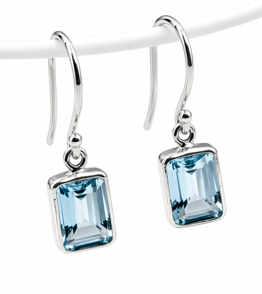 Genuine Sterling Silver 925 Blue Topaz Bezel Hook Earrings