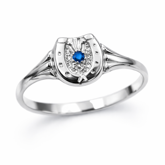Sterling Silver 925 Small Lucky Horse Shoe Horseshoe Ring Set with Sapphire