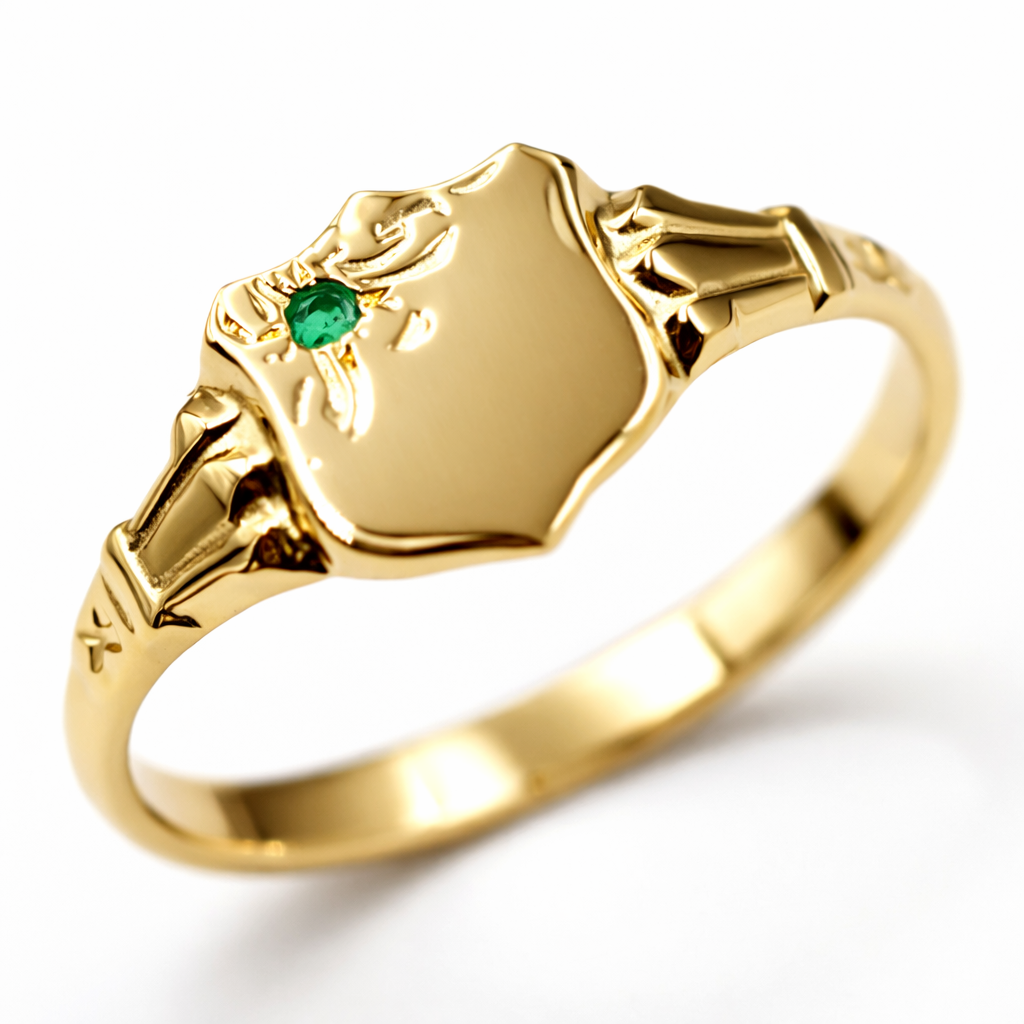 Size S  /  9 1/8  Genuine 9ct Small Yellow, Rose or White Gold Childs Emerald Shield Signet Ring