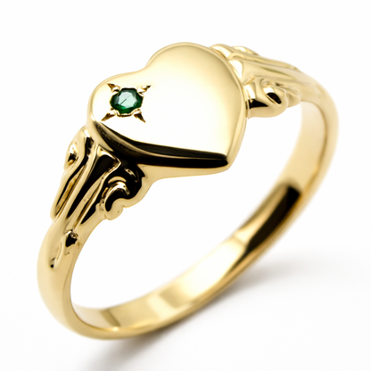 Genuine May Birthstone 9ct Solid Yellow, Rose or White Gold 375 Green Emerald Stone Heart Signet Ring
