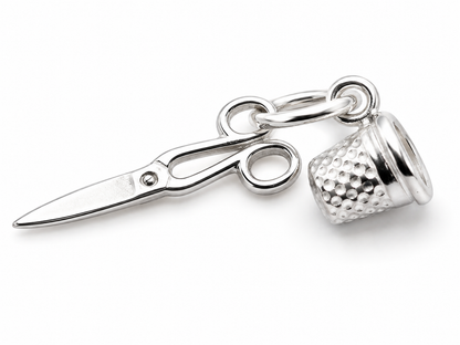 Sterling Silver 925 Scissors and Thimble Sewing Tailor Charm Pendant