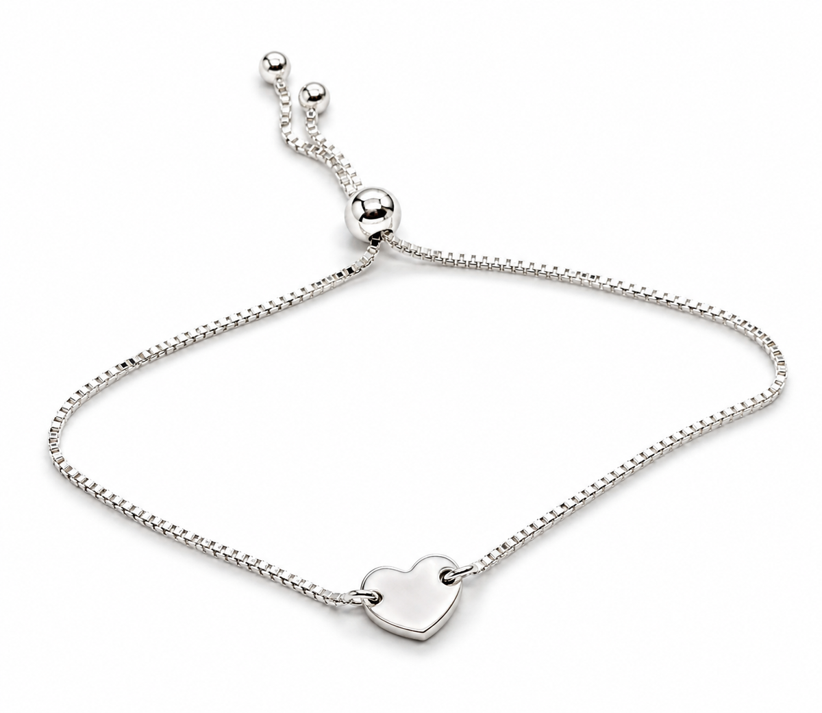 Sterling Silver 925 Bracelet with Heart Plaque, Adjustable Box Link