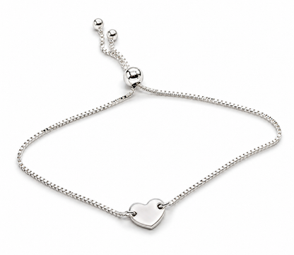 Sterling Silver 925 Bracelet with Heart Plaque, Adjustable Box Link