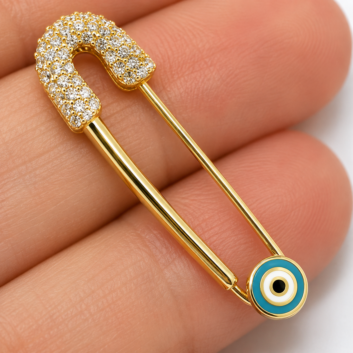 14ct Yellow Gold Baby Child's Kids Cubic Zirconia Brooch Evil Eye Mati