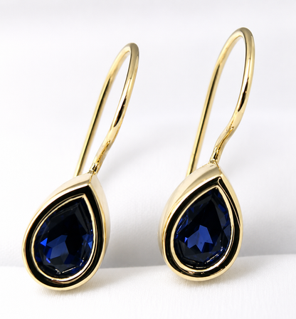 Genuine  9ct 9k 375  Yellow, Rose or White Gold Blue Stone Teardrop Earrings