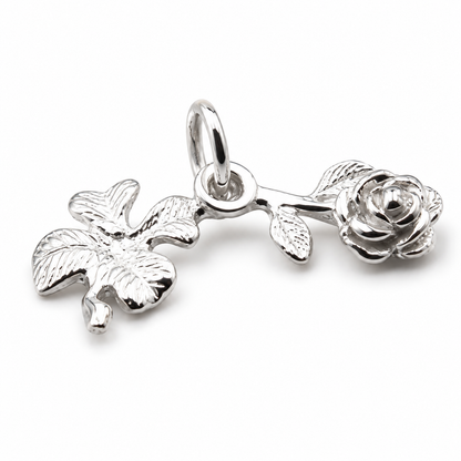 Sterling Silver 925 Lucky Four Leaf Clover & Rose Pendant / Charm