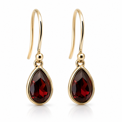 Genuine 9ct 9k 375 Yellow Gold Natural Garnet Bezel Set Teardrop Earrings