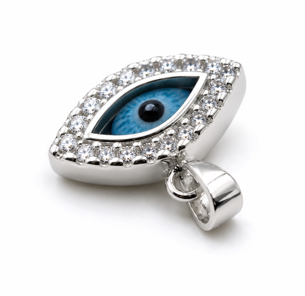Genuine Sterling Silver 925 Greek CZ Mati Nazar Lucky Evil Eye Charm Pendant