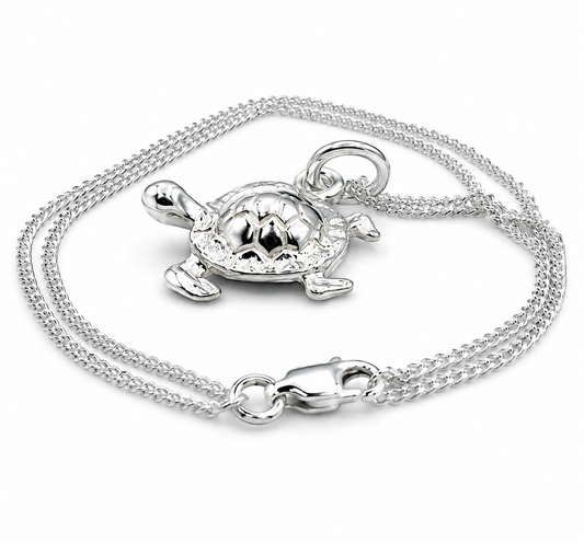 Genuine Sterling Silver 925 Turtle Charm Pendant + Necklace Chain