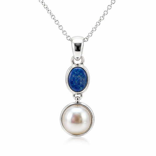 Genuine Sterling Silver 925 Freshwater Pearl & Opal Pendant Belcher +  Chain