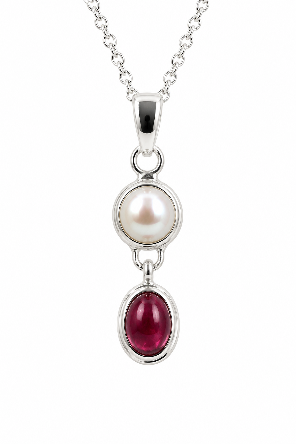 Sterling Silver 925 Freshwater Pearl & Tourmaline Pendant Belcher Chain