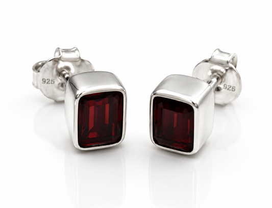 Genuine Sterling Silver 925 Garnet Bezel Rectangle Stud Earrings