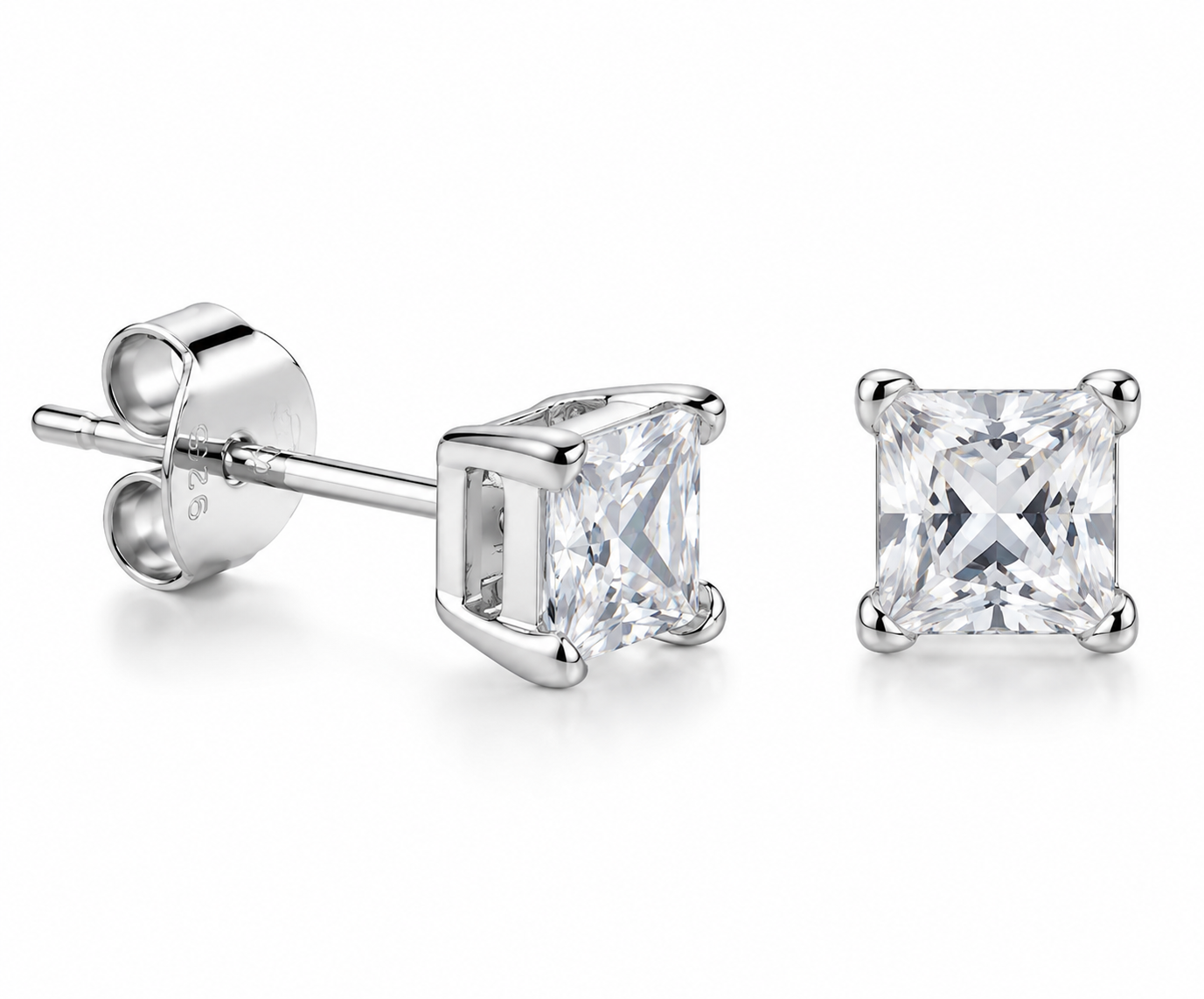 Sterling Silver 925 4mm 4 Claw Square CZ Studs (April Birthstone) Earrings