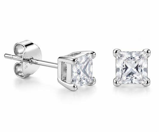 Sterling Silver 925 4mm 4 Claw Square CZ Studs (April Birthstone) Earrings