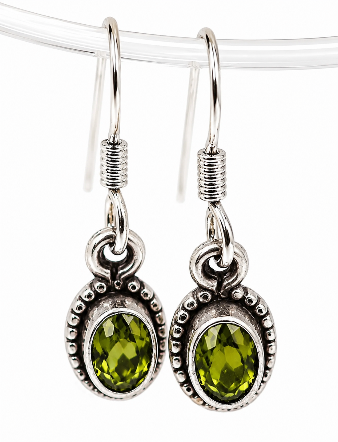 Genuine Sterling Silver 925 Oval Bezel Peridot Hook Earrings