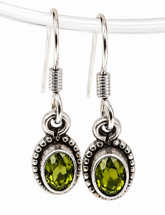Genuine Sterling Silver 925 Oval Bezel Peridot Hook Earrings