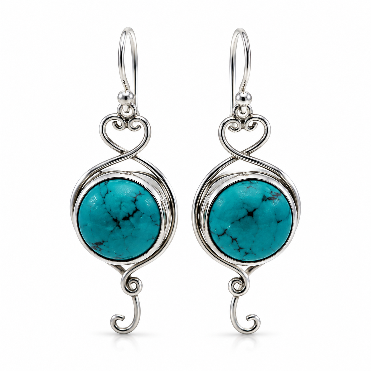 Genuine Sterling Silver 925 Turquoise Half Ball Heart Hook Earrings